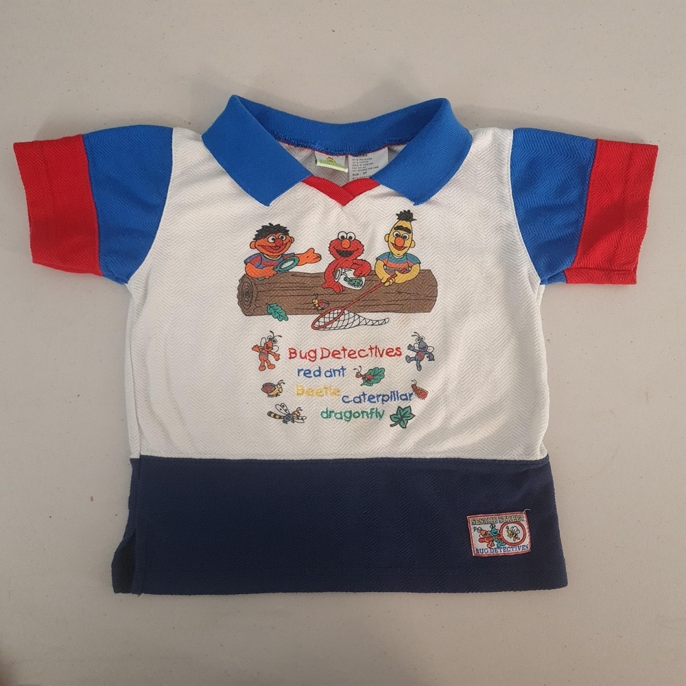 Vintage Sesame Street Polo Shirt Toddler Boys 3T White Bug Detectives Elmo Ernie